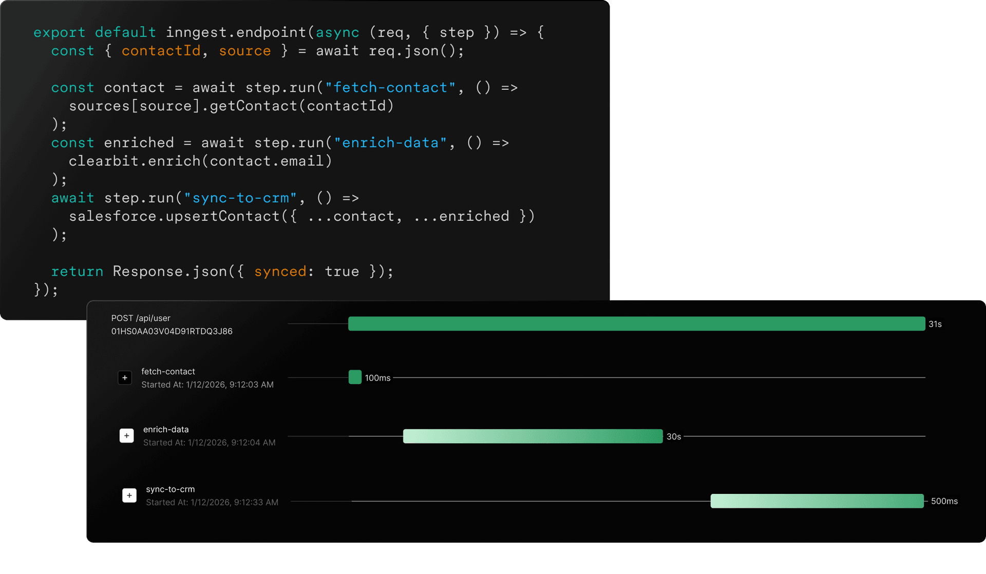 Inngest traces showing durable endpoint execution